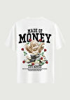 Unisex Bisiklet Yaka %100 Organik Pamuklu Kalın Dokulu Made Of Money Baskılı Oversize T-shirt - BEYAZ
