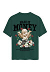 Unisex Bisiklet Yaka %100 Organik Pamuklu Kalın Dokulu Made Of Money Baskılı Oversize T-shirt - KOYU YEŞİL