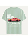 Unisex Bisiklet Yaka %100 Organik Pamuklu Kalın Dokulu Need Money For Porsche Baskılı Oversize T-shirt - BEJ
