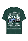 Unisex Bisiklet Yaka %100 Organik Pamuklu Kalın Dokulu Passion Baskılı Oversize T-shirt - KOYU YEŞİL