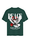 Unisex Bisiklet Yaka %100 Organik Pamuklu Kalın Dokulu Peace Baskılı Oversize T-shirt - KOYU YEŞİL