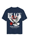 Unisex Bisiklet Yaka %100 Organik Pamuklu Kalın Dokulu Peace Baskılı Oversize T-shirt - LACİVERT
