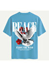 Unisex Bisiklet Yaka %100 Organik Pamuklu Kalın Dokulu Peace Baskılı Oversize T-shirt - MAVİ