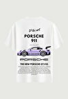 Unisex Bisiklet Yaka %100 Organik Pamuklu Kalın Dokulu Porsche 911 Baskılı Oversize T-shirt - BEYAZ