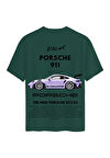 Unisex Bisiklet Yaka %100 Organik Pamuklu Kalın Dokulu Porsche 911 Baskılı Oversize T-shirt - KOYU YEŞİL