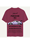 Unisex Bisiklet Yaka %100 Organik Pamuklu Kalın Dokulu Porsche 911 Baskılı Oversize T-shirt - BORDO
