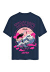 Unisex Bisiklet Yaka %100 Organik Pamuklu Kalın Dokulu Tokyo Baskılı Oversize T-shirt - LACİVERT