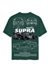 Unisex Bisiklet Yaka %100 Organik Pamuklu Kalın Dokulu Toyota Supra A90 Baskılı Oversize T-shirt - KOYU YEŞİL