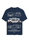 Unisex Bisiklet Yaka %100 Organik Pamuklu Kalın Dokulu Toyota Supra mk4 Baskılı Oversize T-shirt - LACİVERT