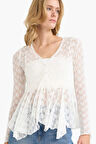 Fitted V Yaka Düğmeli Dantel Uzun Kollu Bluz