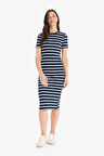 DeFacto Bodycon Vücudu Saran Bisiklet Yaka Çizgili Fitilli Kaşkorse Kısa Kollu Midi Yazlık Elbise E8988AX25SMNV241