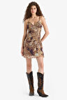 V Yaka Leopar Desenli Şifon Askılı Mini Elbise