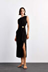 Fitted Toka Detaylı Poplin Kolsuz Yırtmaçlı Midi Elbise