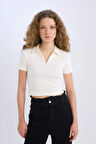 DeFacto Fitted Polo Yaka Fitilli Kaşkorse Kısa Kollu Beyaz Tişört A0379AX25SMWT32