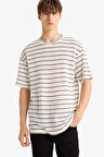 Boxy Fit Bisiklet Yaka Çizgili Kısa Kollu Tişört