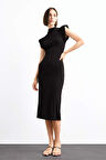 Fitted Dik Yaka Kolsuz Midi Elbise