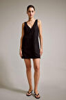 V Yaka Kalın Askılı Süet Mini Elbise