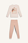 Kız Çocuk Pijama Takımı Baskılı Uzun Kollu Üst Çizgili Uzun Alt