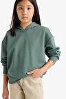 Kız Çocuk Relax Fit Kapüşonlu Basic Düz Sweatshirt