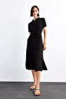Gömlek Yaka Kemerli Kısa Kollu Midi Elbise