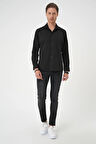 Gk 740 Slim Fit Dokulu Erkek Yaka Pamuklu Klasik Siyah Gömlek