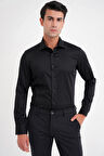 Slim Fit %100 Pamuk Non Iron Kumaş Klasik Siyah Gömlek Gk 734
