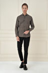 G 1585 Slim Fit Kazayağı Desenli %100 Pamuk Casuel Kahve Gömlek