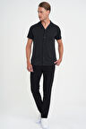 Slim Fit Apaş Yaka Modal Karışımlı Kısa Kol Siyah Gömlek G 1590