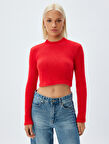 Crop Triko Kazak Uzun Kollu Yuvarlak Hafif Dik Yaka Slim Fit 