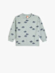 Dinozor Baskılı Bisiklet Yaka Pamuklu Şardonlu Sweatshirt 