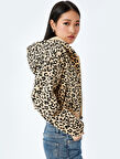Şardonlu Leopar Desenli Kapüşonlu Fermuarlı Crop Sweatshirt