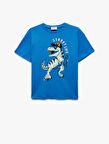 Dinozor Baskılı Bisiklet Yaka Kısa Kollu Pamuklu Tişört