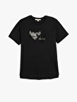 Pamuklu Bisiklet Yaka Kısa Kollu Kalp Detaylı Taşlı Tişört
