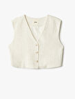 Viskon Keten Karışımlı Düğmeli Crop Blazer Yelek