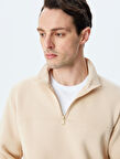 Uzun Kollu Pamuk Karışımlı Şardonlu Basic Yarım Fermuarlı Sweatshirt