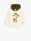 Kapşonlu Ayı Baskılı Uzun Kollu Pamuklu Sweatshirt