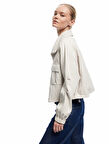 Uzun Kollu Dik Yaka Cep Detaylı Fermuarlı Oversize Viskon Ceket