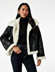 Uzun Kollu Cepli Dik Yaka İçi Peluş Astarlı Suni Süet Biker Ceket