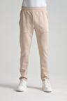 Bej - 3XL Erkek Düz Paça Beli Bağcıklı Logo Detaylı Jogger Eşofman Altı