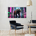 SİBER PUNK DÜNYASINDA HEYBETLİ DURAN AYI NEON IŞIKLAR ALTINDA 01 ÇERÇEVESİZ 50X30 CM PVC TABLO