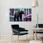 SİBER PUNK DÜNYASINDA HEYBETLİ DURAN AYI NEON IŞIKLAR ALTINDA 06 ÇERÇEVESİZ 50X30 CM PVC TABLO