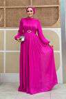 Balon Kol Pileli Abiye Elbise 7013 Fuşya