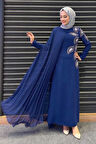 Taş Detaylı Pelerinli Elbise 3938 Lacivert
