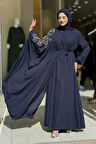 Taş Detay Pelerinli Elbise Takım 3939 Lacivert
