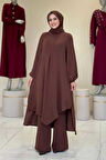 Verevli Tunik, Pantolon ve Şal Üçlü Takım 3937 Kahverengi