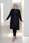 Taş Detaylı Uzun Ceket Pantolon İkili Takım 8683 Siyah
