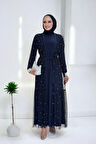 İncili Abaya Ve Elbise Takım 8491 Lacivert