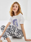 LCW DREAM BEYAZ Bisiklet Yaka Baskılı Kadın Pijama Takımı