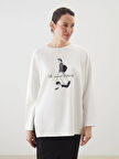 LCWAIKIKI Classic Ekru Bisiklet Yaka Baskılı Oversize Kadın Sweatshirt Tunik
