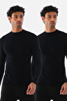 Erkek Dik Yaka Slim Fit Pamuk Likra Tişört 2'li Paket-Siyah-Siyah
